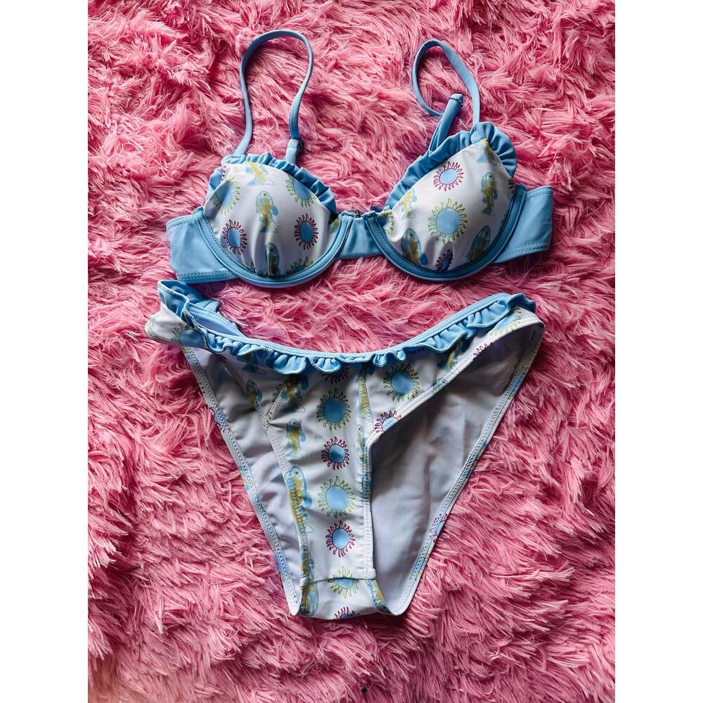 Blue Fish Print Bikini Set XS – Ruffle Trim Underwire Top Cute